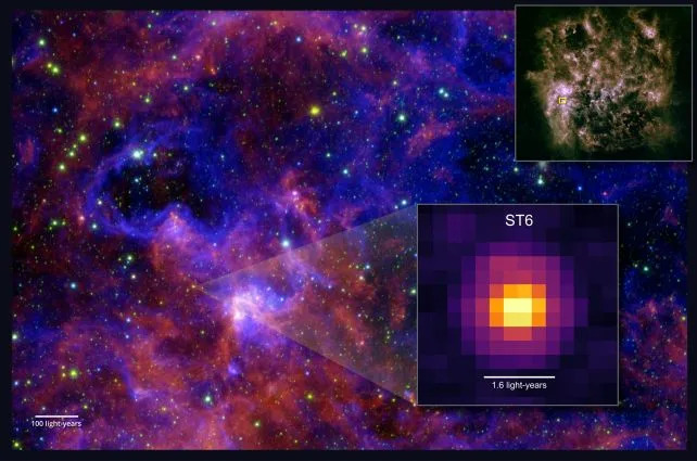 The location of the star ST6 within the Large Magellanic Cloud. The JWST image of ST6 is inset bottom right. (<a href="https://cmns.umd.edu/news-events/news/marta-sewilo-discovers-building-blocks-life-ice-around-forming-star" rel="nofollow noopener" target="_blank" data-ylk="slk:NASA/ESA/CSA/JPL-Caltech/M. Sewiło et al., 2025;elm:context_link;itc:0;sec:content-canvas" class="link ">NASA/ESA/CSA/JPL-Caltech/M. Sewiło et al., 2025</a>)