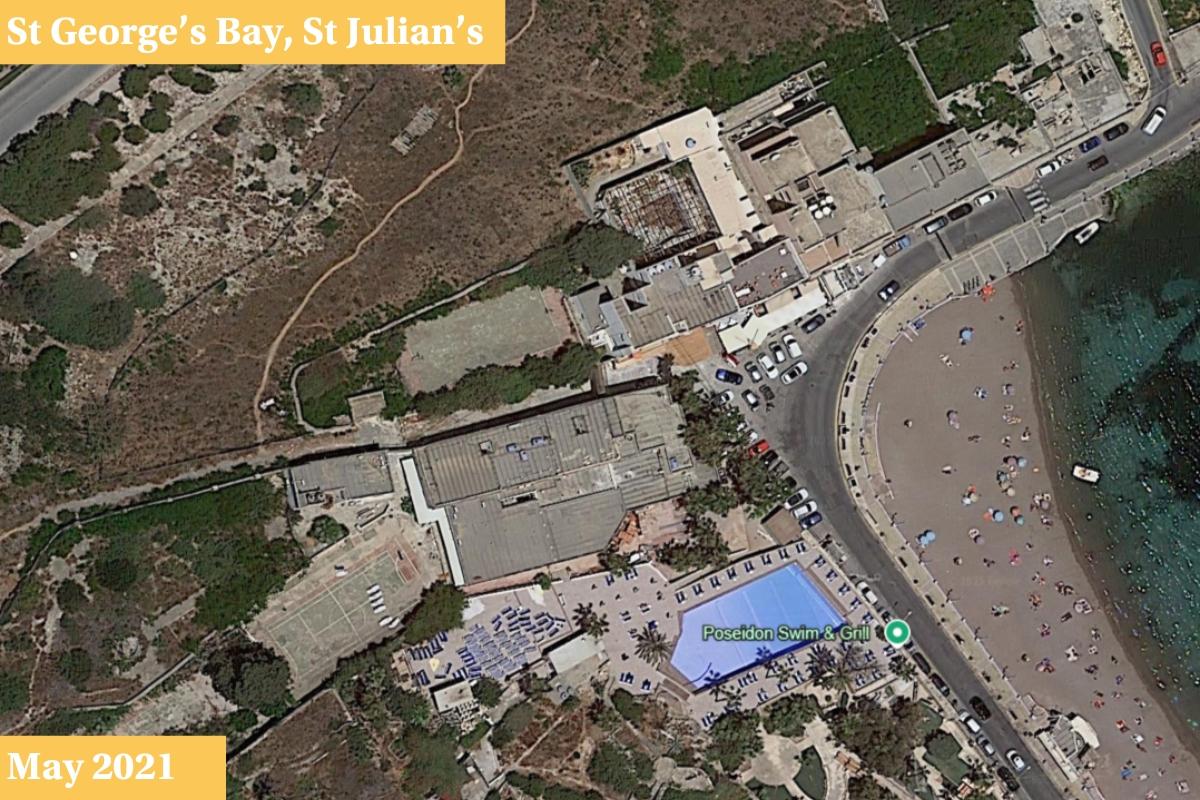 Slide right to compare.  A pitch close to St George's Bay was replaced with padel and tennis courts. Photo: Google Earth.