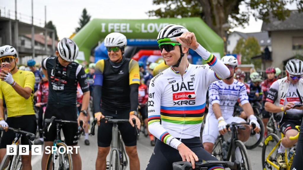 Tadej Pogacar on his bike on the startline with the amateurs