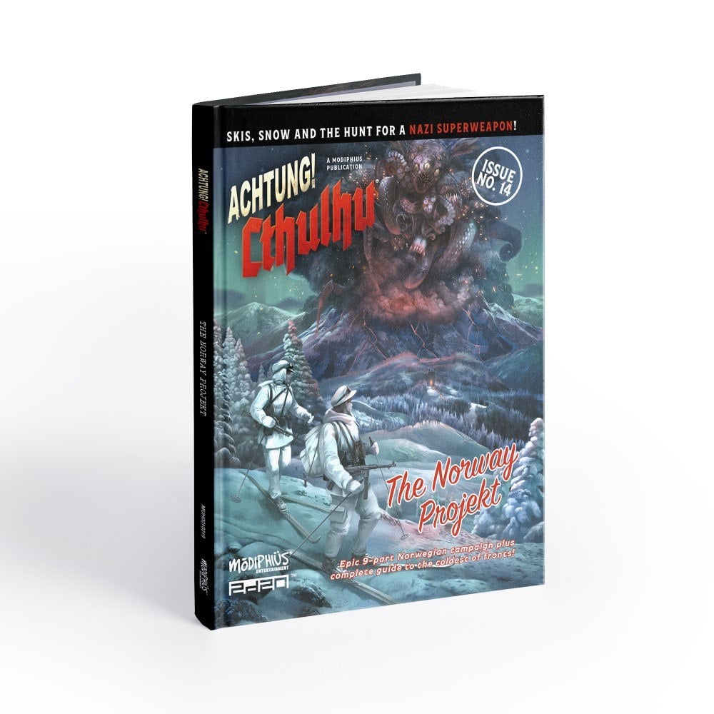 A hardcover book of Achtung Cthulhu The Norway Project, showing a squad in snow gear staring down a towering monster with multiple mouths and tentacles