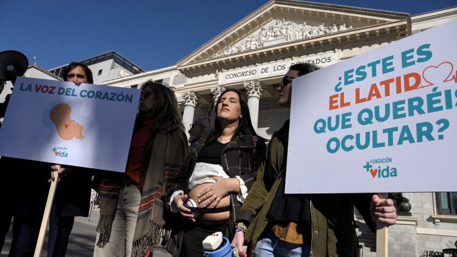 Anti-abortion protesters demonstrate in front of the Spanish Congress, in Madrid on February 16, 2023 as Spain prepared to approve a transgender rights law which also provided for increased access to abortion in public hospitals.