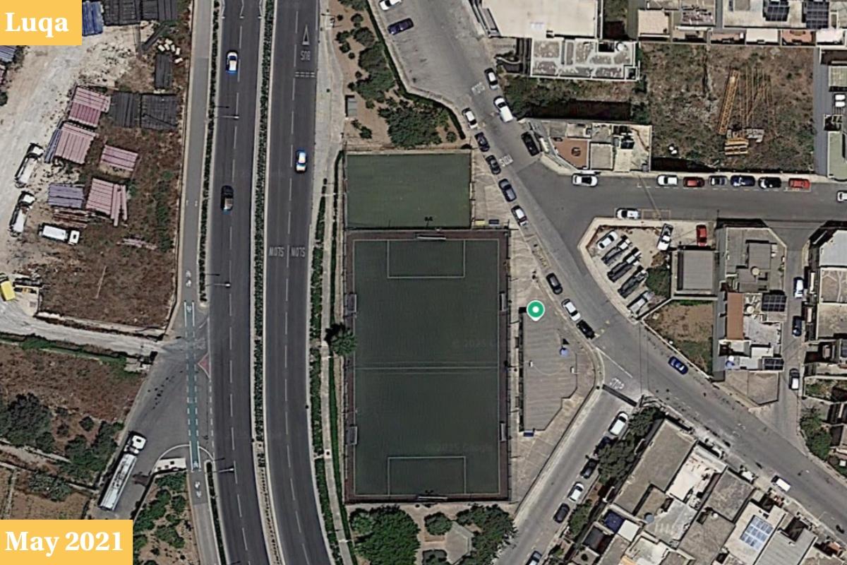 Slide right to compare. A football pitch in Luqa was replaced with padel courts. Photo: Google Earth.