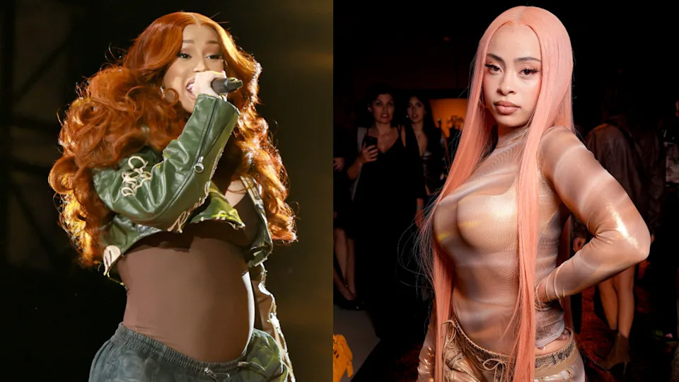 Cardi B performing with a mic, wearing a green jacket. Ice Spice posing in a sheer outfit with long pink hair.