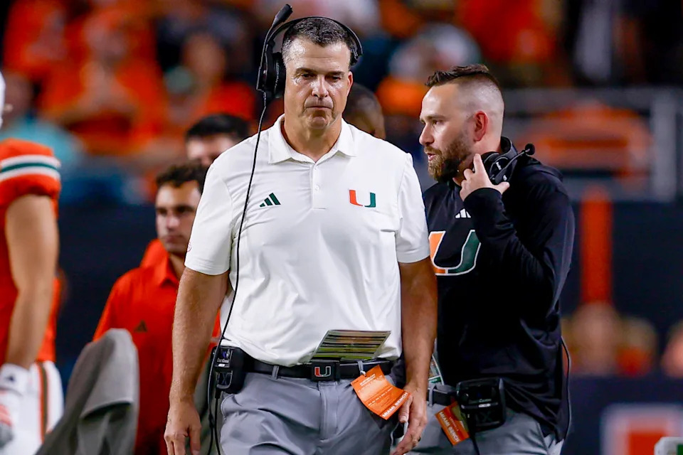 MIAMI GARDENS, FL - OCTOBER 17: Head coach Mario Cristobal of the Miami Hurricanes looks on during the second half of a game between the Miami Hurricanes and the Louisville Cardinals on October 17, 2025, at Hard Rock Stadium in Miami Gardens, FL.(Photo by Chris Arjoon/Icon Sportswire via Getty Images)