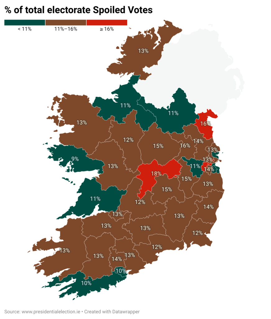Percentage of spoilt votes per turnout in the recent Irish Presidential Election  [OC]