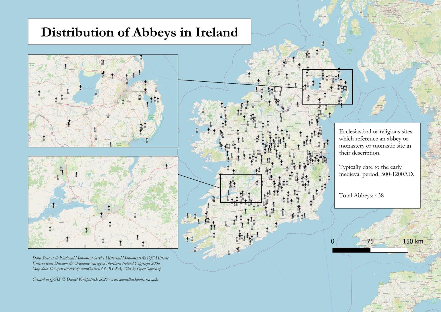 [OC] Distribution of Medieval Abbeys in Ireland