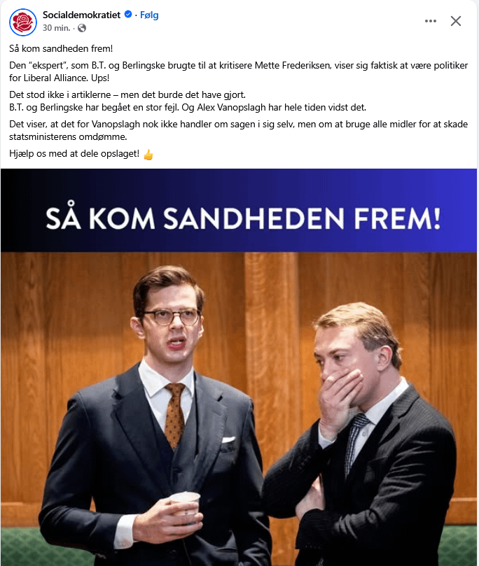 Social Democracy: Then the truth came out! The "expert" used by BT and Berlingske to criticize Mette Frederiksen turns out to be a politician for the Liberal Alliance. Oops!