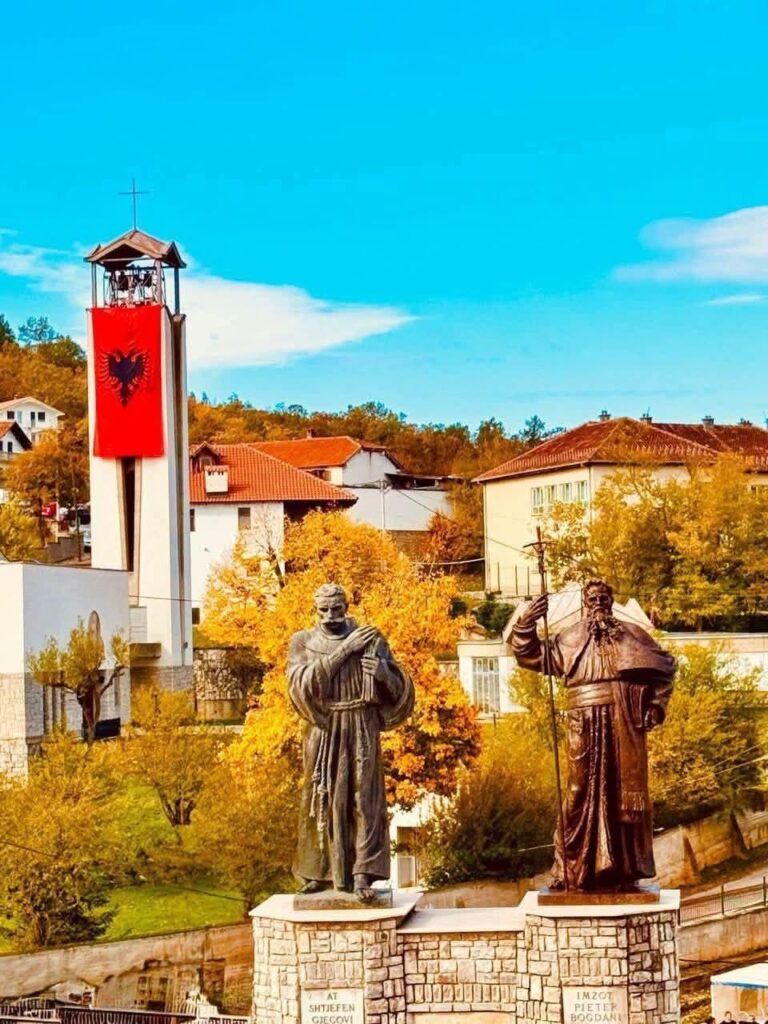 Newly placed monument of Pjeter Bogdani next to the monument of Shtjefan Gjeçovi, Kosova - Prizren.