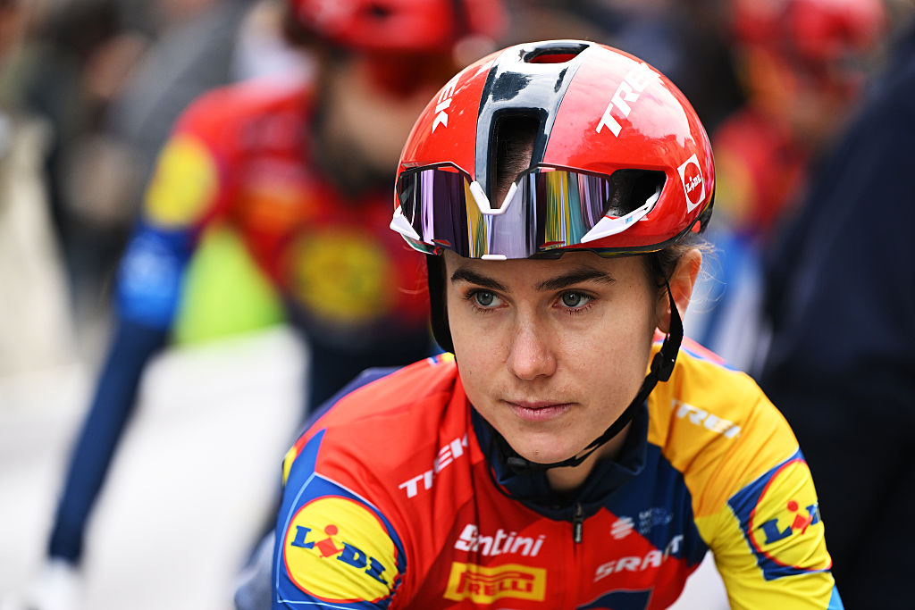 MIRANDOLA, ITALY - OCTOBER 04: Niamh Fisher-Black of New Zealand and Team Lidl - Trek prior to the 12th Giro dell&amp;apos;Emilia Internazionale Donne Elite 2025 a 126.7km one day race from Mirandola to San Luca on October 04, 2025 in Mirandola, Italy. (Photo by Dario Belingheri/Getty Images)