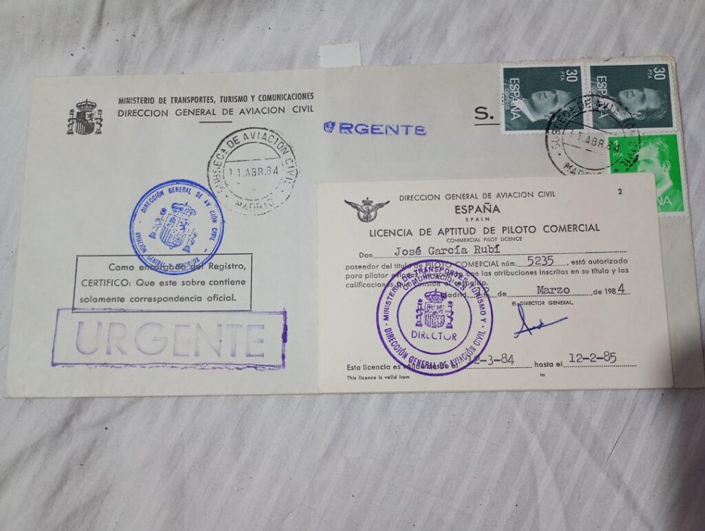 Flight license issued in Spain, 1984