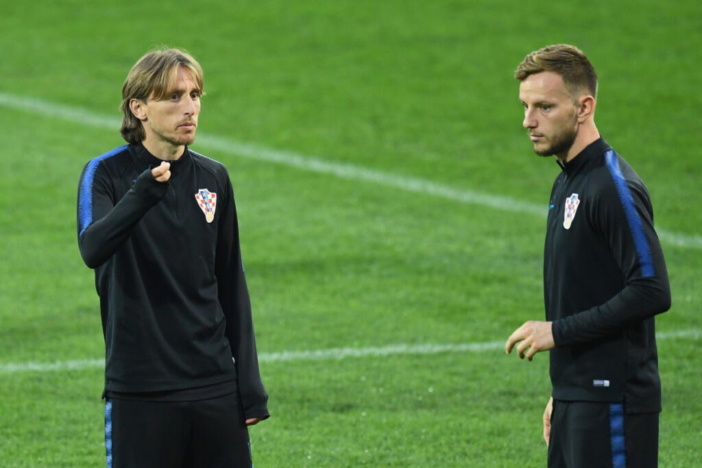 RIJEKA, CROATIA - OCTOBER 11: Luka Modric and Ivan Rakitic of Croatia in discussion during a Croatia training session ahead of the UEFA Nations League match against England at Stadion HNK Rijeka on October 11, 2018 in Rijeka, Croatia. (Photo by Michael Regan/Getty Images)