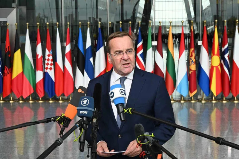German Minister of Defense Boris Pistorius speaks to journalists on the sidelines of the NATO Defence Ministers' meeting in Brussels. Ansgar Haase/dpa