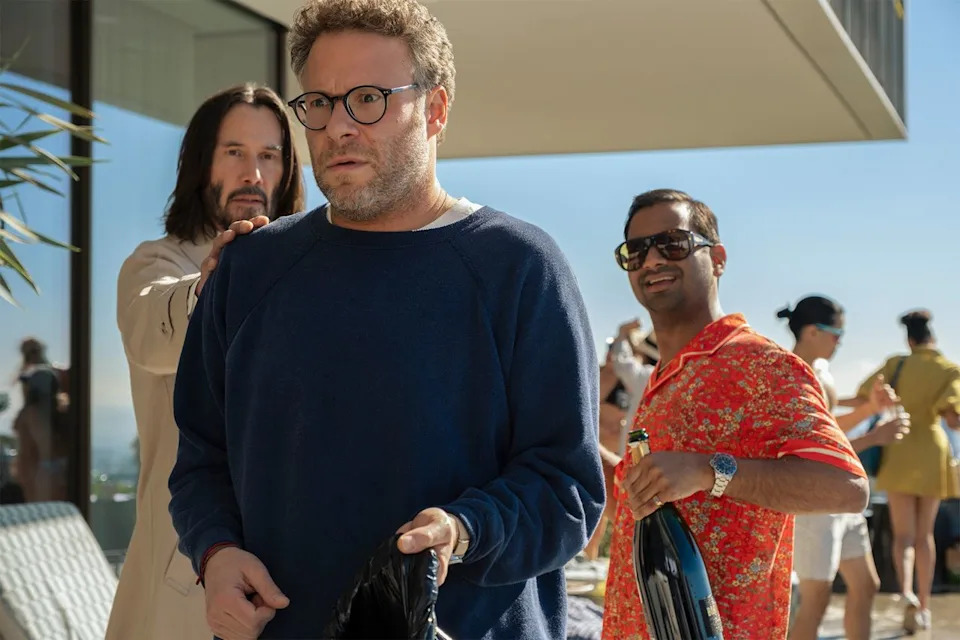 Eddy Chen/Lionsgate Seth Rogen, Keanu Reeves, and Aziz Ansari in 'Good Fortune'