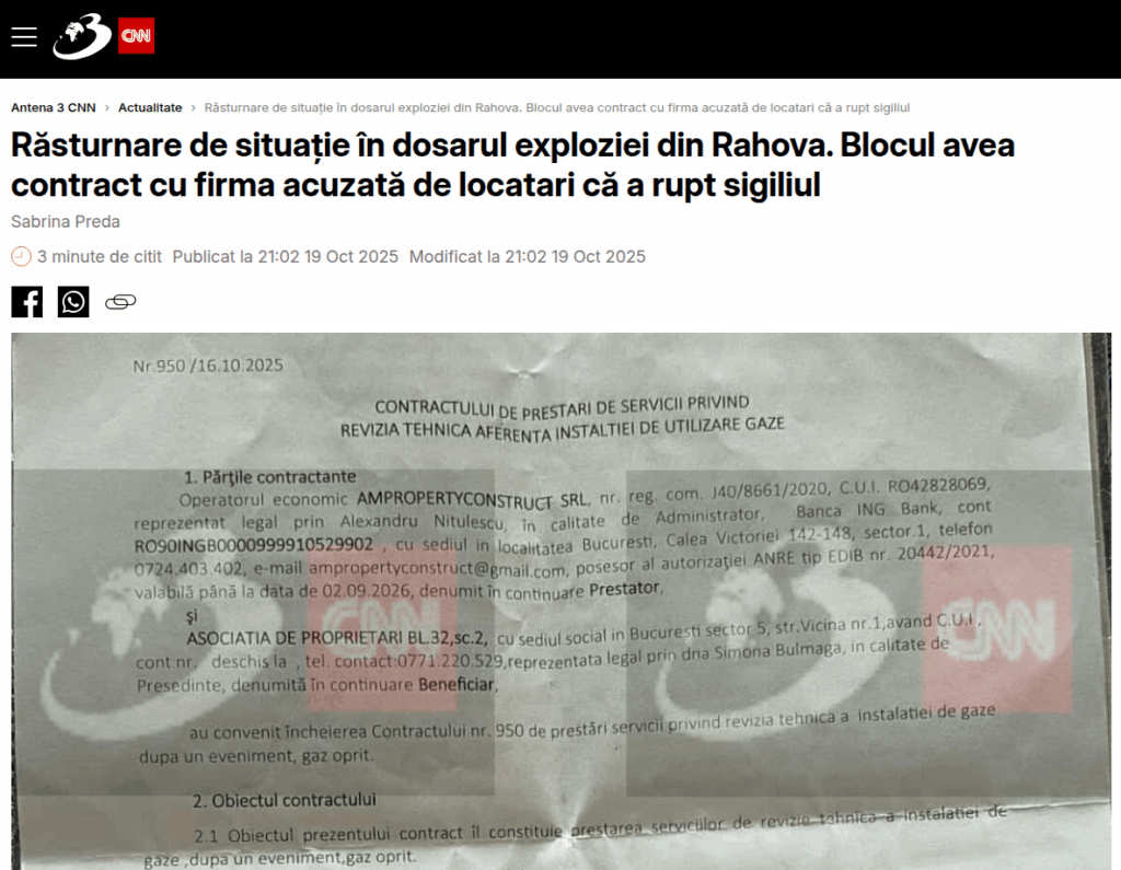 Reversal of the situation in the case of the explosion in Rahova. The block had a contract with the company accused by the tenants of breaking the seal