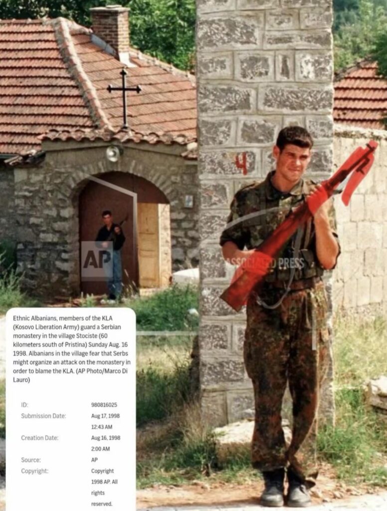 Ethnic Albanians members of KLA UÇK guard a serbian monastery 1998