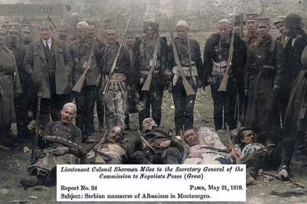 Isa Boletini with his sons and nephew was treacherously killed in Montenegro, while the enemy's soldiers stand proudly on the corpses of heroes together with the enemy