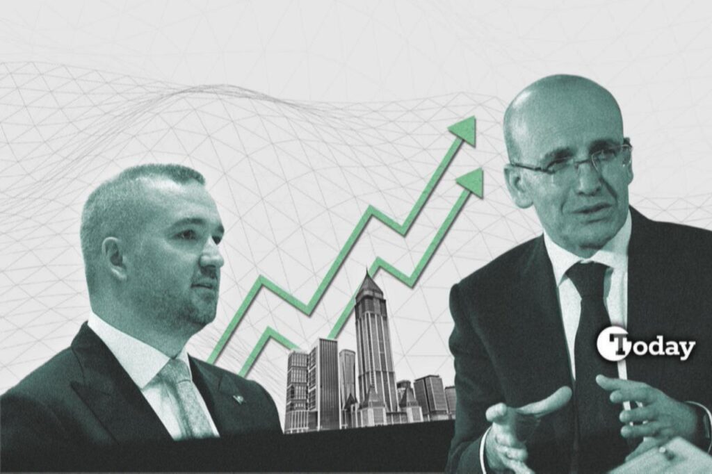 Türkiye’s Treasury and Finance Minister Mehmet Simsek (right) and Central Bank Governor Fatih Karahan (left) are seen against a backdrop of rising market indicators. (Collage by Türkiye Today)