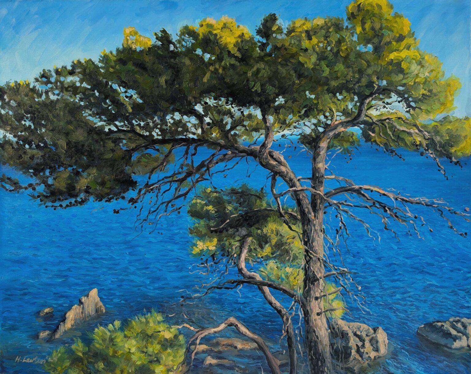 On the castle walls in Koroni, Greece, a pine tree caught the light off the water and made me stop. I wanted this painting to feel like summer on the Med. Bright, vivid, like a holiday day when the air is warm and the light bounces off everything. I hope you like it!