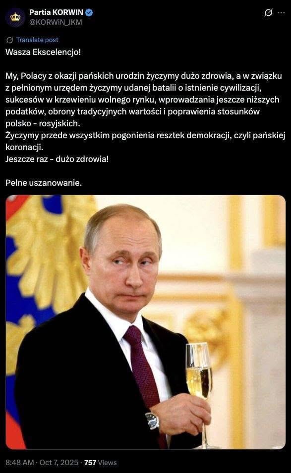 The Korwin party on its profile on X wishes the war criminal the best on his birthday