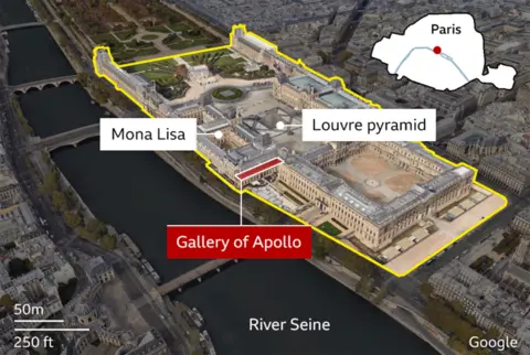 An illustration showing the position of the Gallery of Apollo as it relates to the rest of the Louvre, overlooking the River Seine