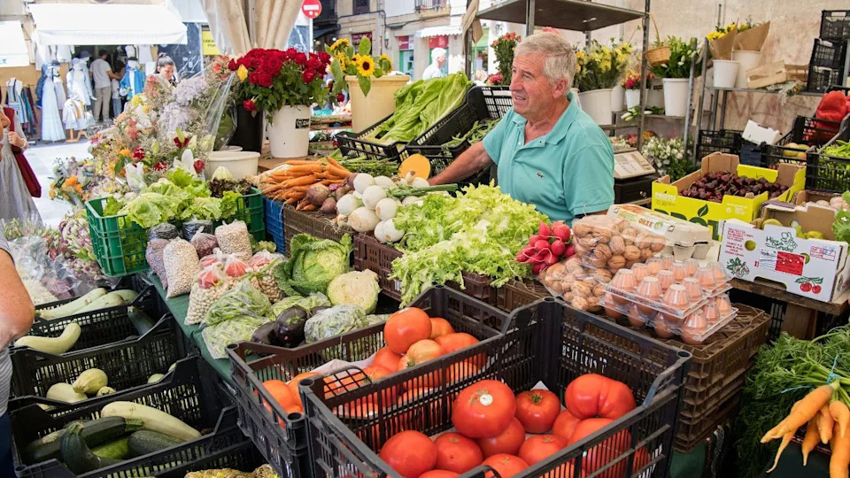 San Sebastian, Basque Country, Spain; July 28, 2023. La Bretxa organically grown fruit and vegetable market, located in the heart of the old town of San Sebastián.