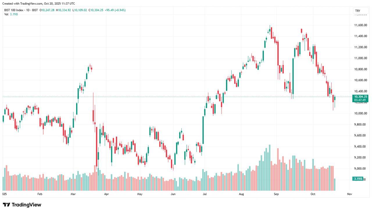 Candlestick chart shows Borsa Istanbul’s benchmark BIST 100 index movements year-to-date in 2025.
(Chart via TradingView)