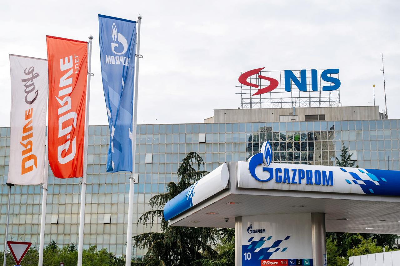 Photo shows the logos of the Petroleum Industry of Serbia (NIS) and Gazprom are pictured in Belgrade, Serbia on Oct. 9, 2025. (AFP Photo)
