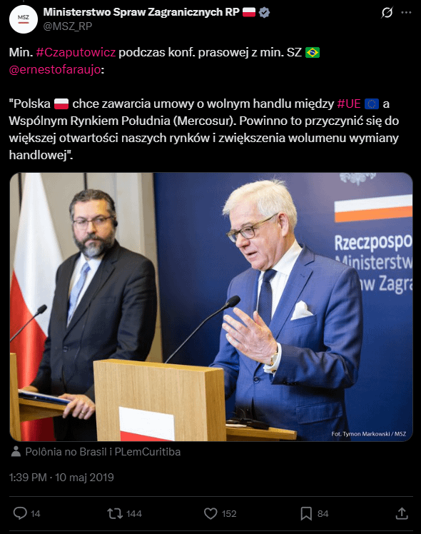 In 2019, PiS supported the Mercosur agreement, and today it is fighting against it