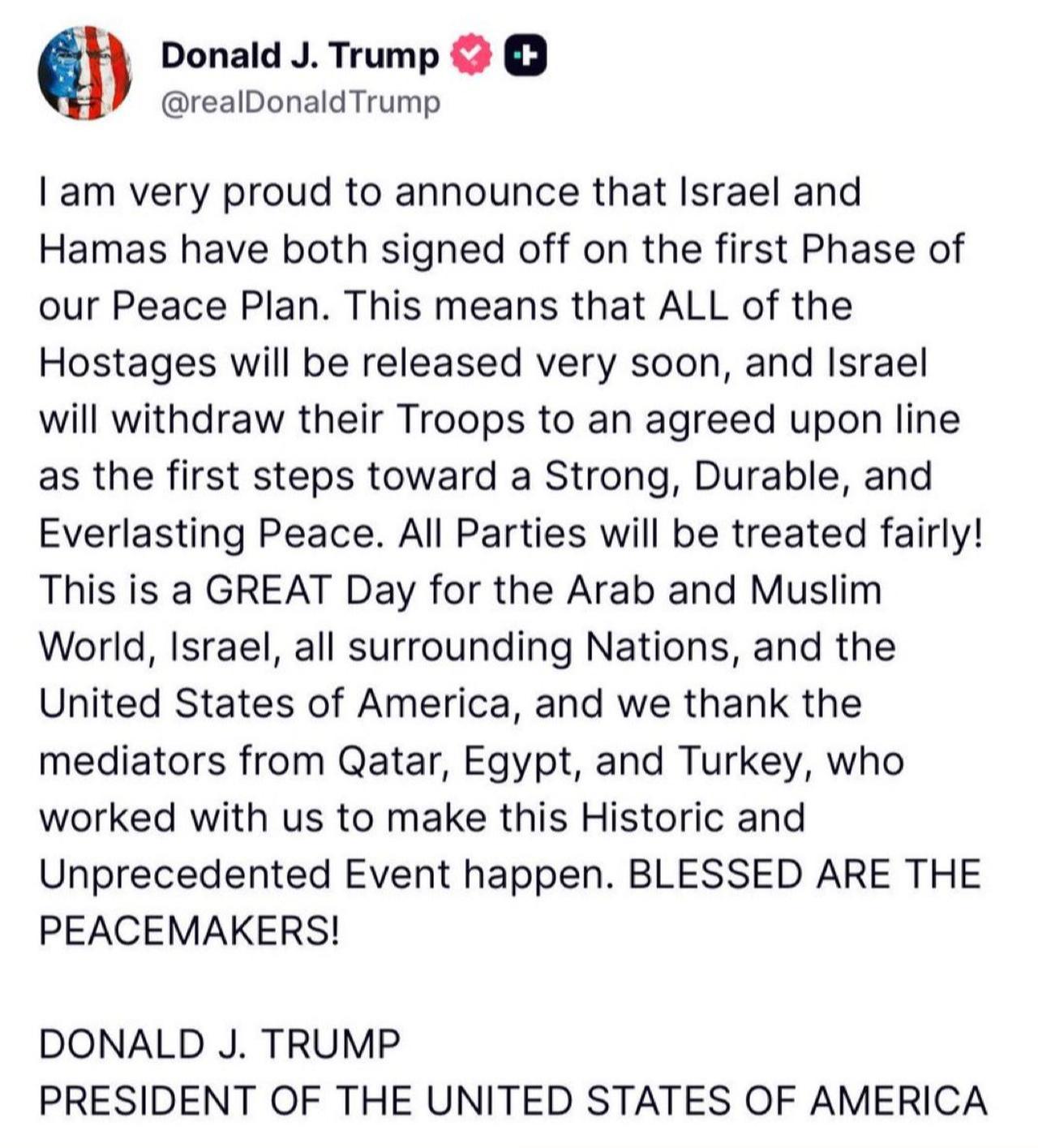Photo shows U.S. President Trump's post on Truth Social, accessed on Oct. 9, 2025. (Photo via Truth Social)