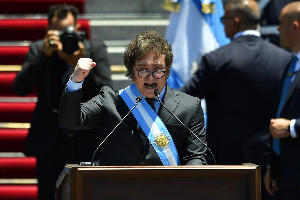 Buenos Aires, Argentina, Dec. 10, 2023: Argentine President Javier Milei addresses supporters outside the National Congress after his inauguration ceremony.