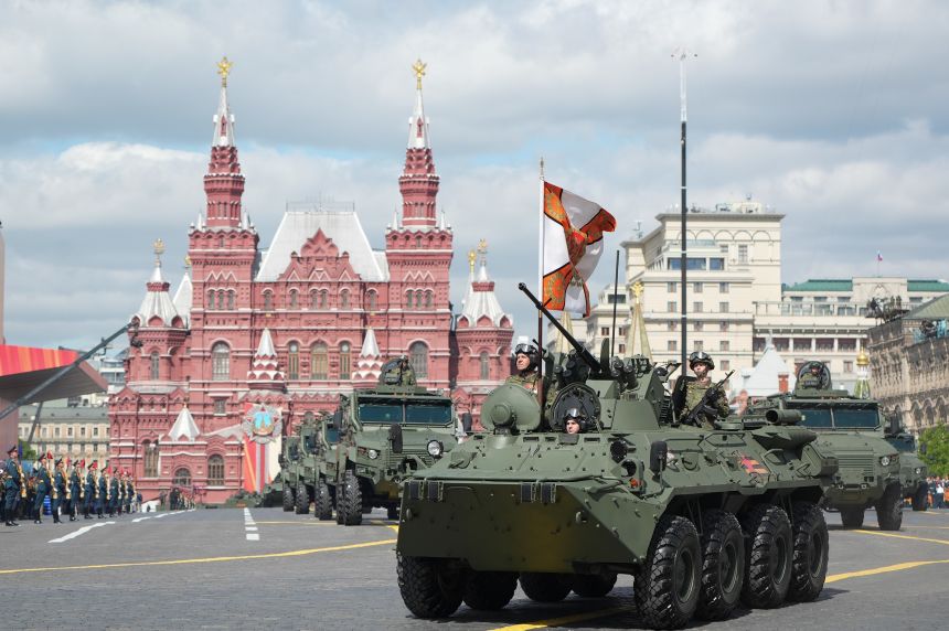 Armored vehicles take part in a parade marking the 80th anniversary of the Soviet Union's victory in the Great Patriotic War, or the Eastern Front of World War II, in Moscow on May 9, 2025.