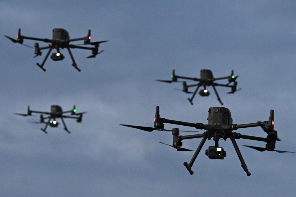 This view shows drones during the activation of the first unmanned aircraft battalion at the military base in Tolemaida, Colombia, on October 10, 2025. (AFP Photo)