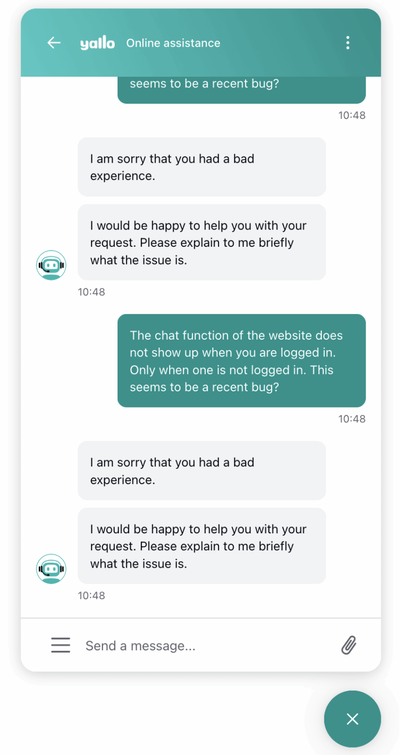 Yallo support chat is completely broken Yallo support chat is completely broken