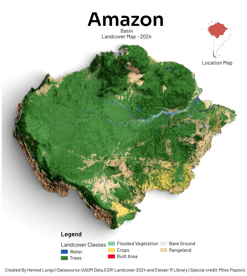 [OC] Landcover Map of Amazon Basin, South America - 2024