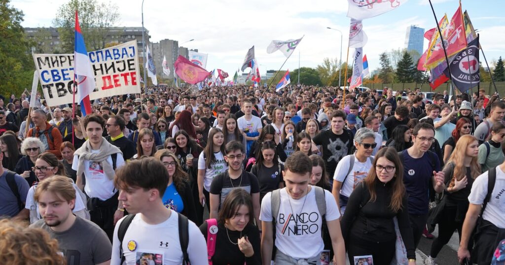 Serbia youth lead thousands on march for weekend rally marking canopy collapse last year