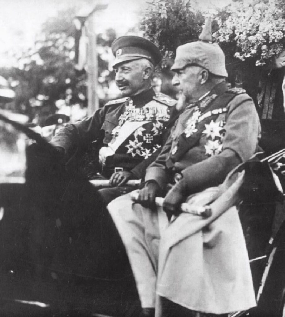 Wilhelm II in a Bulgarian uniform with the insignia of a field marshal and Tsar Ferdinand I in a German field marshal uniform during the German Kaiser's visit to Bulgaria, 1916.
