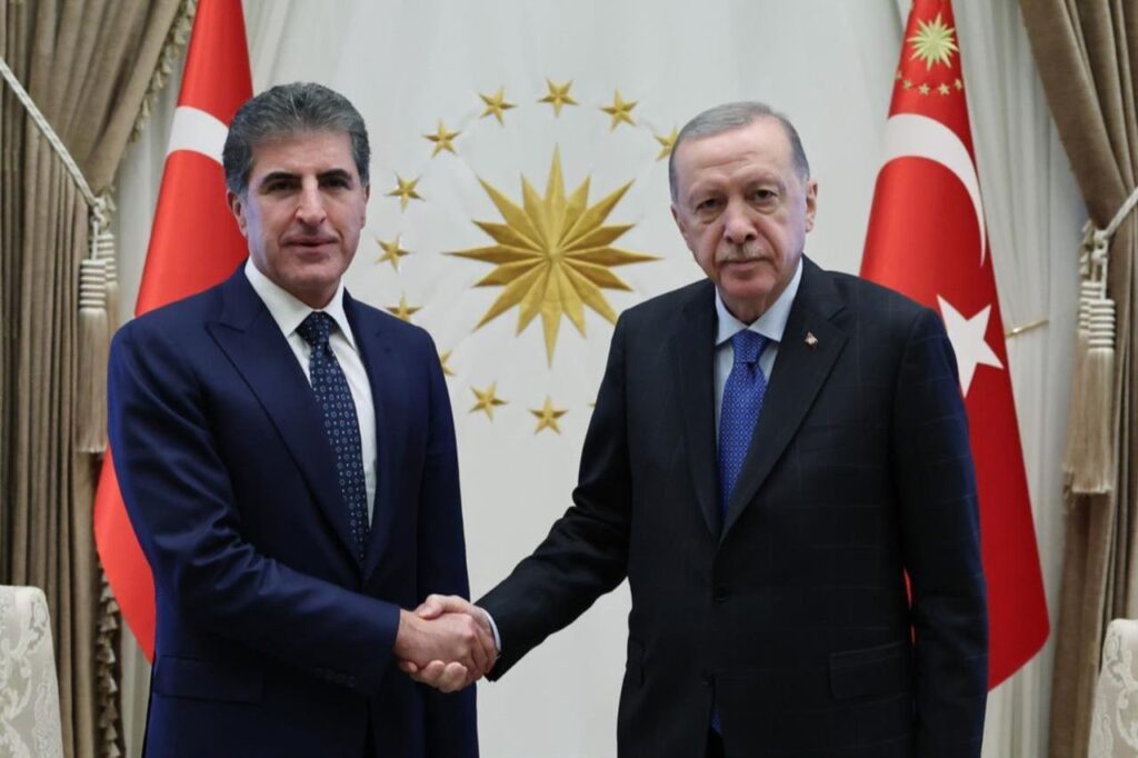 Iraqi Kurdish President Barzani’s diplomacy redefines Türkiye–Kurdish relations President Recep Tayyip Erdogan (right) receives Nechirvan Barzani, President of the Kurdistan region (left), at the Presidential Complex. Foreign Minister Hakan Fidan (right) was also present at the reception. (AA Photo)