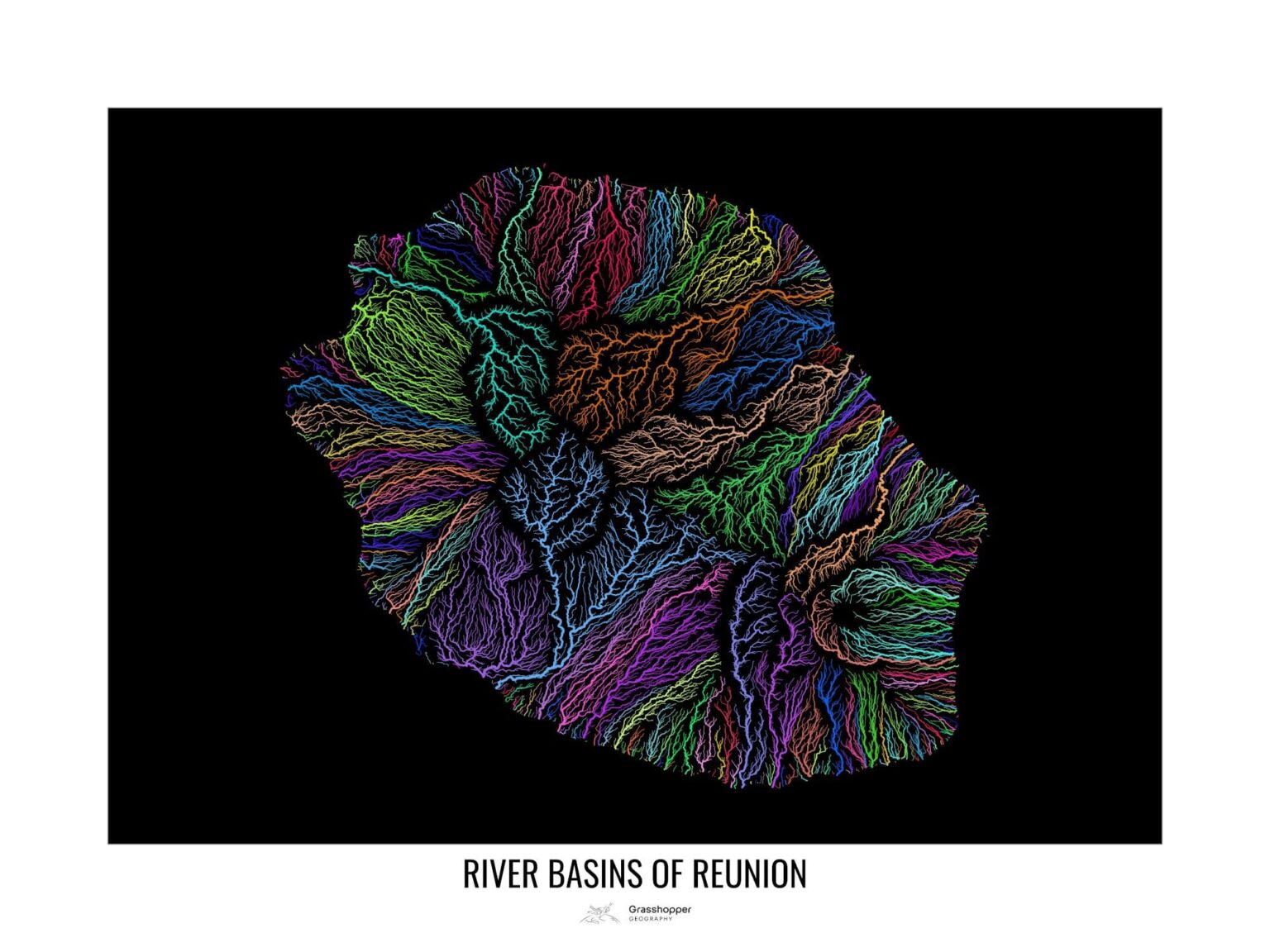 River basin map of Reunion, aka The Rainbow Potato [OC]
