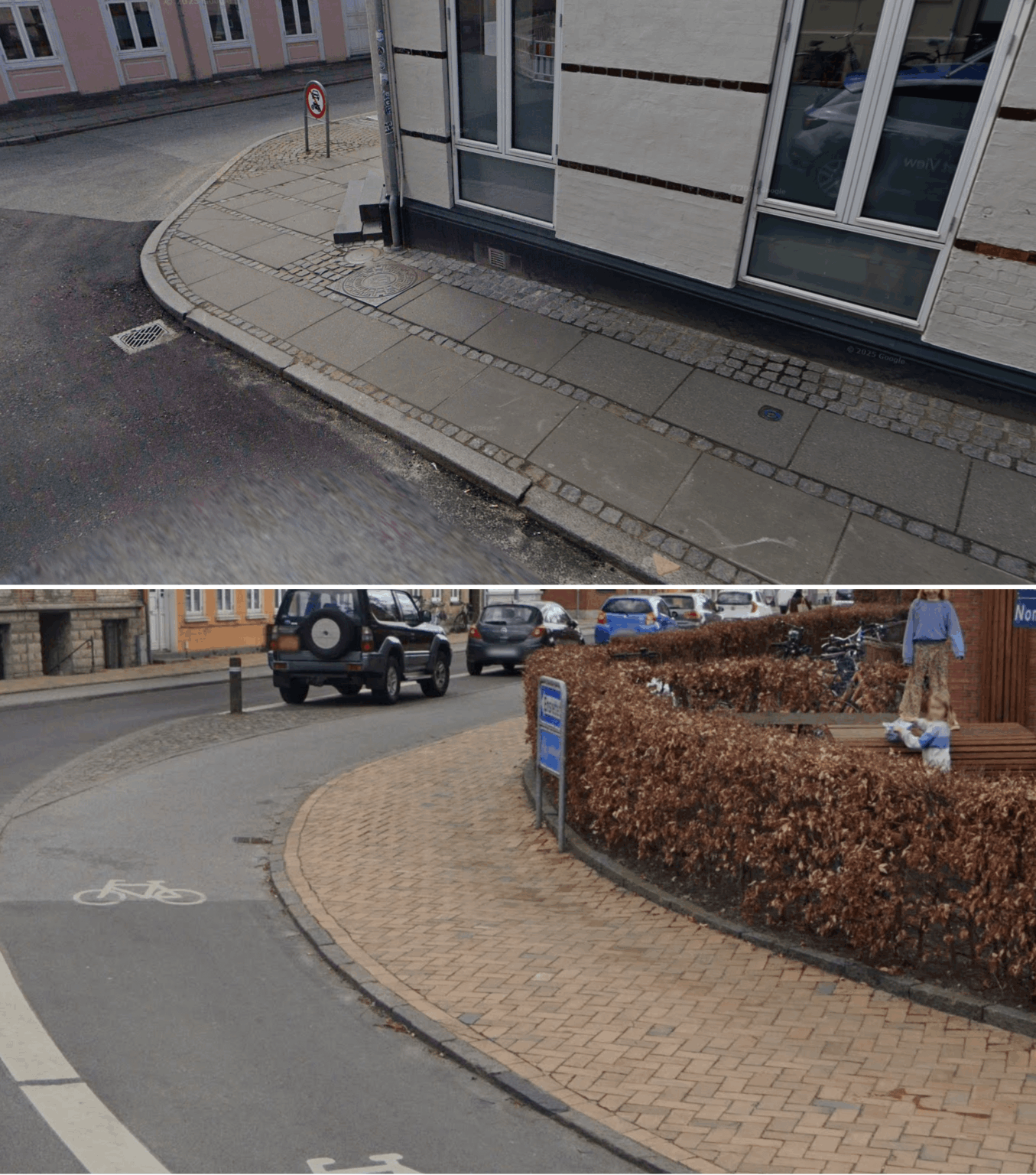 I feel that practially always sidewalks in Denmark are like the top picture (even in pictures from the 1940's or earlier, so this design decision was taken a long time ago). Large slabs with smaller rectangular stones between them. Except for Odene, that uses these yellowish bricks. Why?