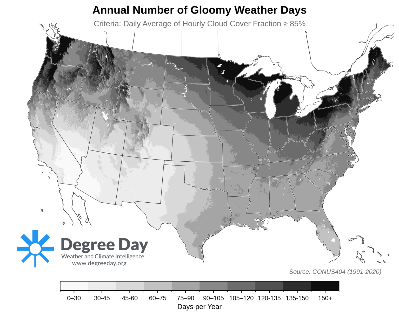 [OC] The Geography of Gloom: Typical Number of Cloudy Days per Year Across the Continental U.S.