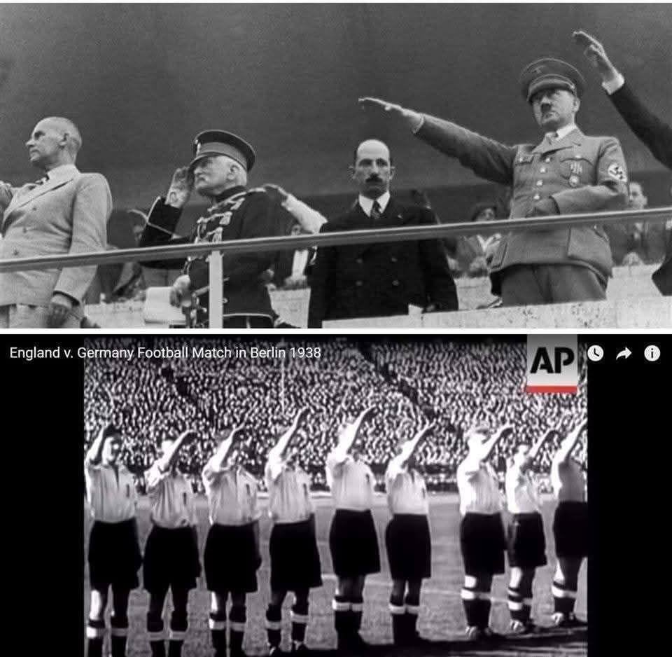 "August 1, 1936. At the opening of the Olympic Games in Berlin. Tsar Boris III stands next to Hitler without raising his hand in salute. May 14, 1938. England visit Germany in a friendly match. The England national football team salute with their hands raised in a fascist salute."