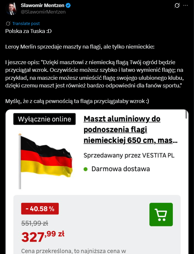 "Wolnościowiec" Sławek complains about the German flag sold by a private company. The prime minister of Poland blames