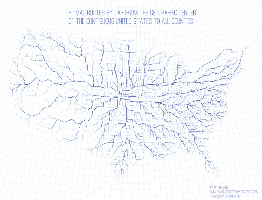 Optimal routes from the geographic center of the U.S. to all counties [OC]
