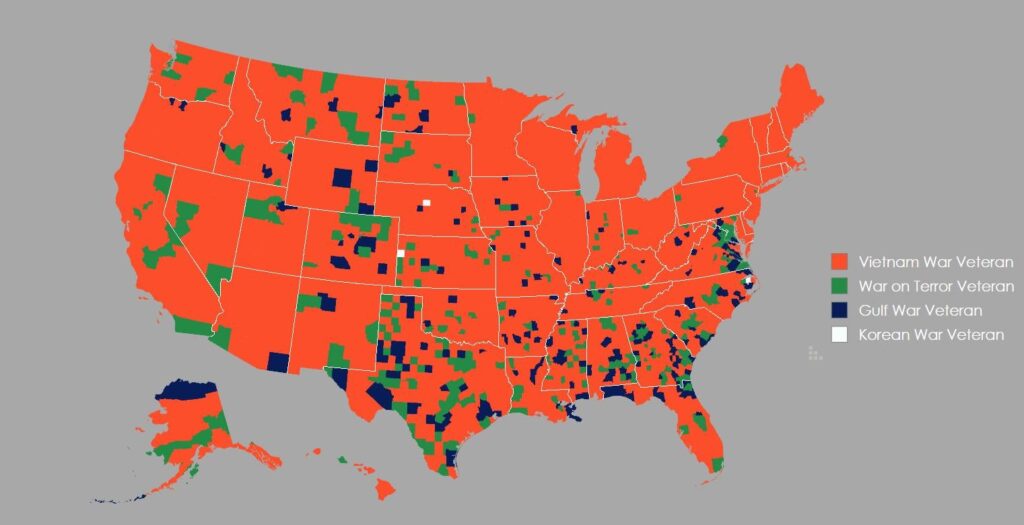 [OC] Most common war veteran in each U.S. county