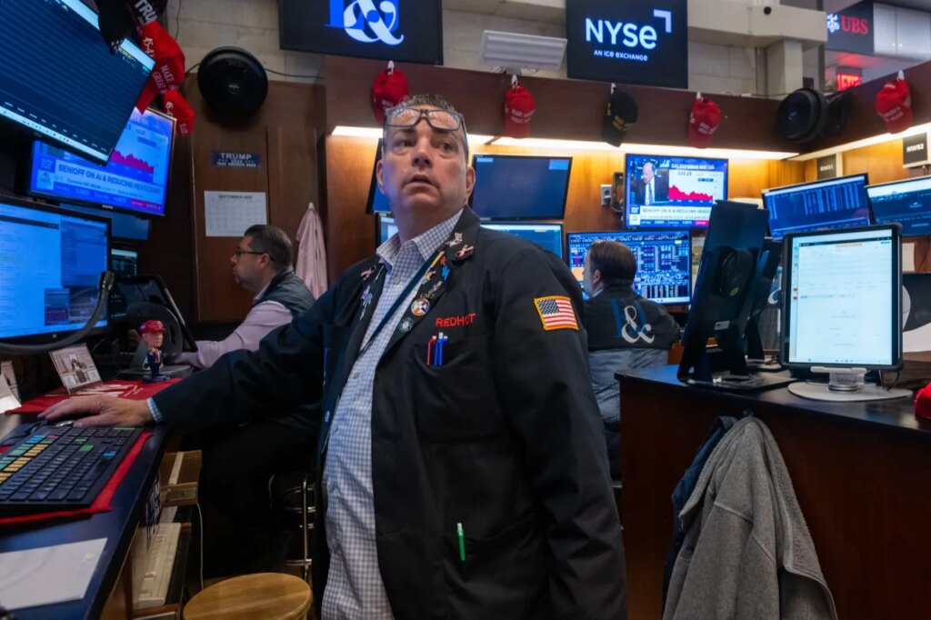Traders work on the floor of the New York Stock Exchange (NYSE) on September 03, 2025, in New York City.