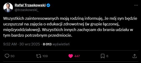 Trzaskowski denies information about the alleged extract of his son from health education