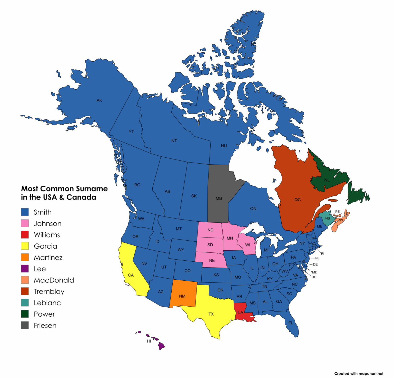 Most Common Surnames in the USA & Canada [OC]