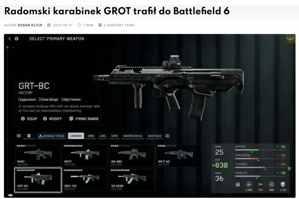 A week ago, the premiere of Battlefield 6 took place. As it turns out, in the game we can find a weapon inspired by our Polish GROT carbine in the Bullpup system