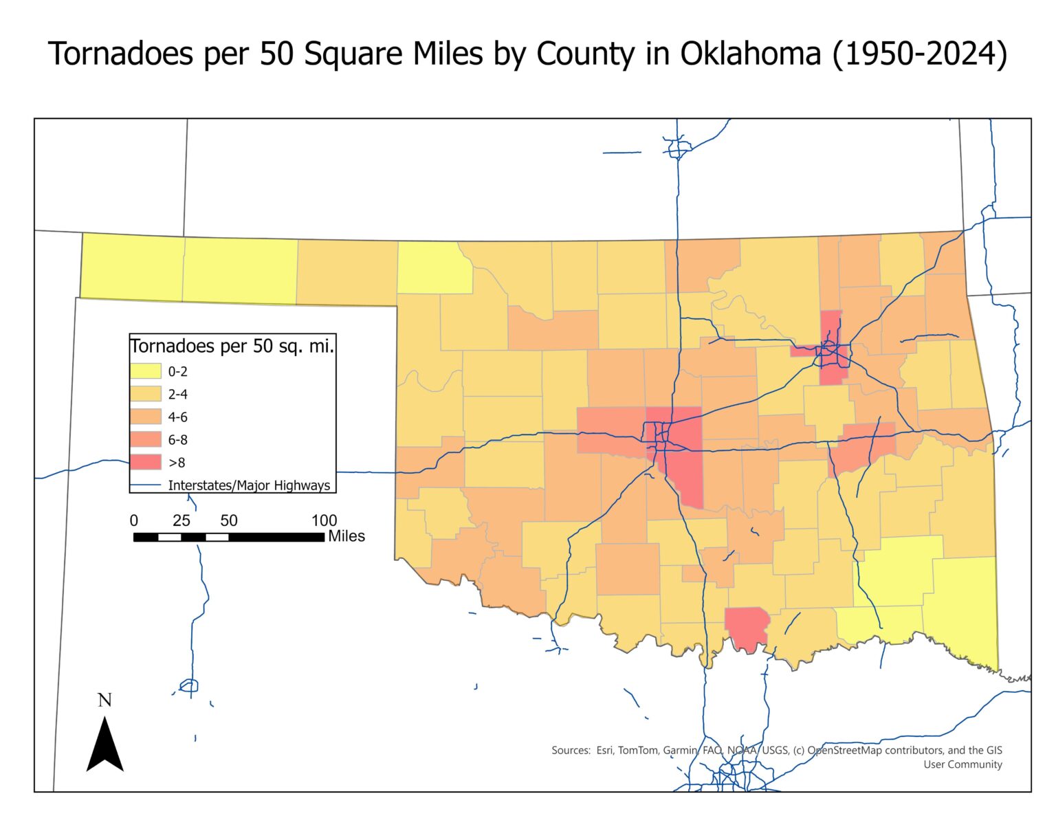 [OC] Tornadoes per 50 Square Miles by County in Oklahoma (1950-2024)