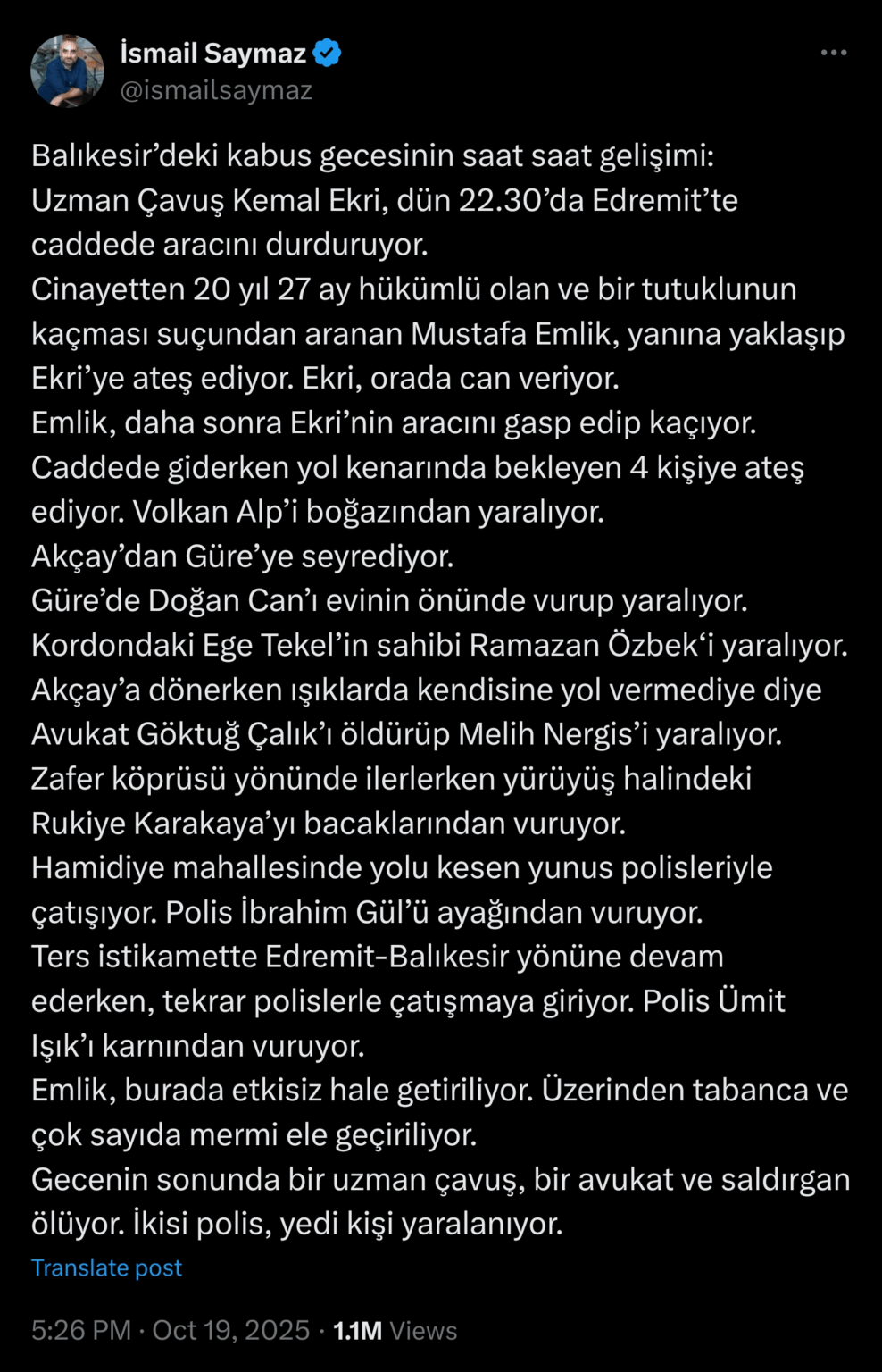 Nightmarish night in Balıkesir: The murder convict who escaped from prison killed 2 people and injured 7 people, including two police officers.